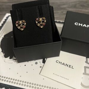 Chanel Gold Crystal and Faux Pearl CC Heart Earrings
